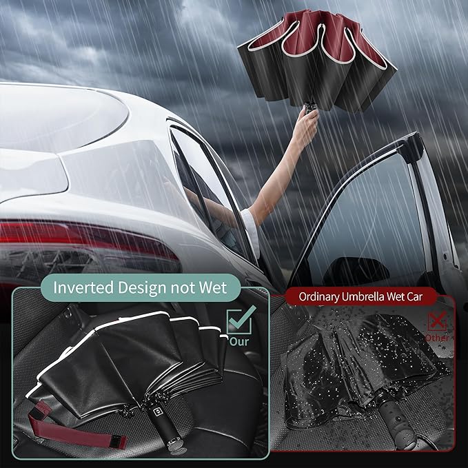 Seniny Inverted Travel Umbrella, Automatic Umbrellas for Rain, Windproof Compact Umbrella with Reflective Stripe, Folding UV Umbrella Sun Umbrella, Portable Large Umbrella for Backpack, Lightweight