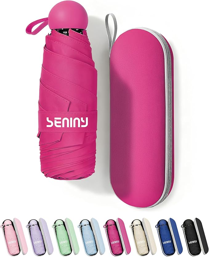 Seniny Mini Portable Travel Umbrella with Case - Compact Umbrellas for Rain & Sun UV Protection for Backpack Pocket, Lightweight Folding Small Umbrella, Tiny Purse Size UV Blocker for Kids Women Girls