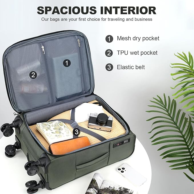 KROSER Softside Expandable Carry On Luggage with Front Business Pockets，20 Inch Suitcases with Spinner Wheels & Built-in TSA Lock, Durable Suitcase Rolling Luggage with USB Port, Army Green