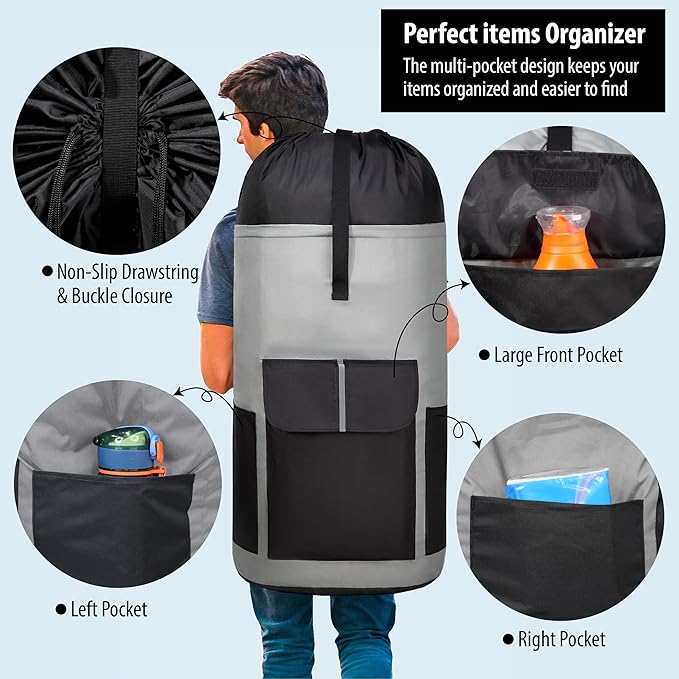BeeGreen Grey-Black-Laundry-Bag-Backpack-Extra-Large-Heavy-Duty, 125L Portable Travel Laundry Backpack with Shoulder Straps & Extendable Clothes Hamper Bag 3 Pockets College Dorm Apartment Essentials