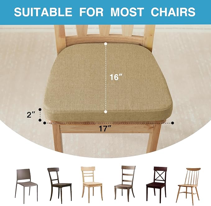 Chair Cushions for Dining Chairs Set of 4, Non Slip Kitchen Chair Pads, 17" x 16" x 2", Indoor Dining Chair Cushions with Ties, D-Shaped Seat Cushions for Kitchen Chairs, Khaki
