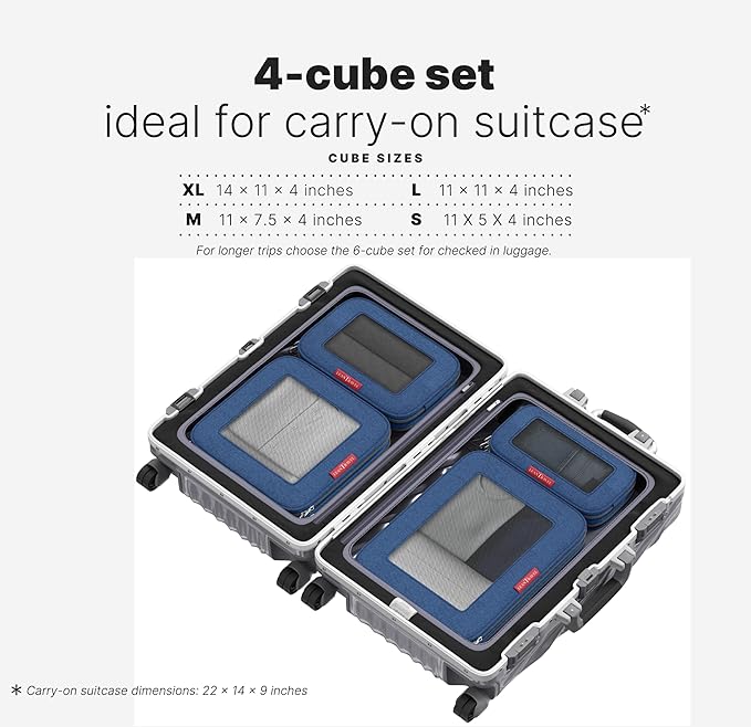 LeanTravel Premium Compression Packing Cubes for Travel - Suitcase Organizer Bags with Double Zipper & Breathable Mesh Panel - Space Saving Carry On Luggage Essentials (4-Pack, Navy Blue)