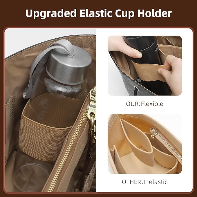 Doxo DupontPaper Purse Organizer Insert for Longchamp LePliage Large,Fixed Handle, Bag Shaper with Key Leash& 16 Compartments, Upgraded Elastic Cup Holder(Black Brown，L)