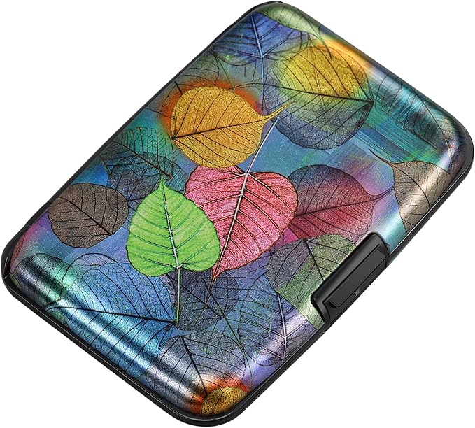 ELFISH Mini RFID Aluminum Wallet Credit Cards Holder Business Card Case Metal ID Case for Men Women（Colorful Leaves