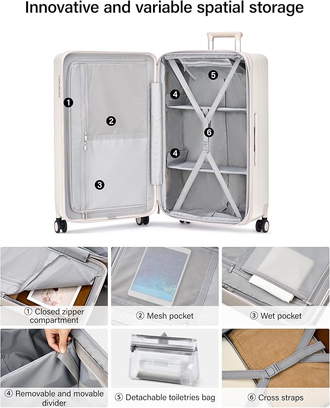 Hanke 24 Inch Plus Expandable Luggage Large Suitcases with Wheels, Medium Checked Luggage Hard Shell Suitcases, PC Trunk Luggage Extra Large Suitcase with Lock for Women Men(Ivory White)