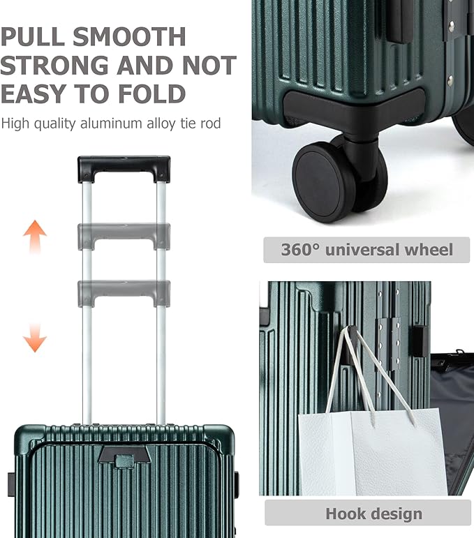 feilario Aluminium Frame PC Hard Shell Spinner Wheels Luggage,22.5"X15"X9.5" Airline Approved Built-In TSA lock Carry on Suitcase, with Cup Holder, USB Port, Phone Holder