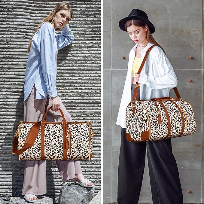 Ytonet Convertible Garment Bags for Travel, Large Carry on Garment Weekender Bag, Water Resistant Travel Duffel Bags with Shoe Pouch, 2 in 1 Hanging Suitcase Suit Foldable Travel Bags, Leopard