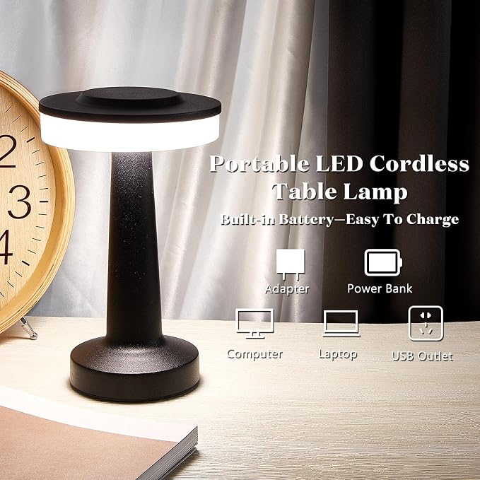 Riakrum 2 Pcs Black LED Portable Cordless Table Lamp Bulk with Touch Sensor 3 Color Stepless Dimming Rechargeable Battery up to 15 Hours Cordless Table Light Wireless Lamp Wedding Home
