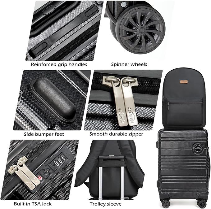 ABS+PC Carry on Luggage set with backpack 3 Pcs suitcace with Spinner wheels TSA Lock 20-In hardshell Lightweight Luggage set(Black)
