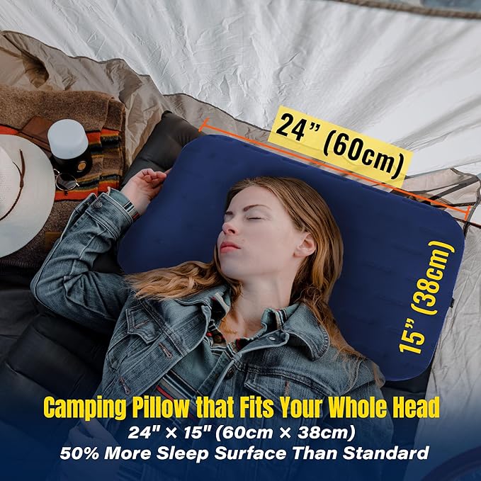 TREKOLOGY Camping Pillow - Large Inflatable (24"x15") for Home-Like Comfort, Portable & Ergonomic, Easy to Clean, Durable & Leak-Proof, Removable Strap for Secure Fit – ALUFT Ultra (Blue)