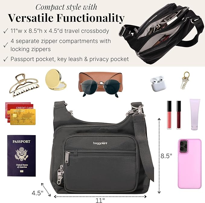 Baggallini Securtex Anti-theft Crossover Crossbody Bag 11”w X 8.5”h, Rfid, Built-in Wallet, Locking Zippers