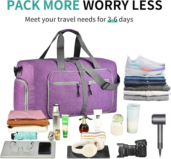 Dimayar 85L Travel Duffle Bag for Men Women - Foldable Duffel Bag with Shoes Compartment - Overnight Bags Waterproof & Tear Resistant(Purple)