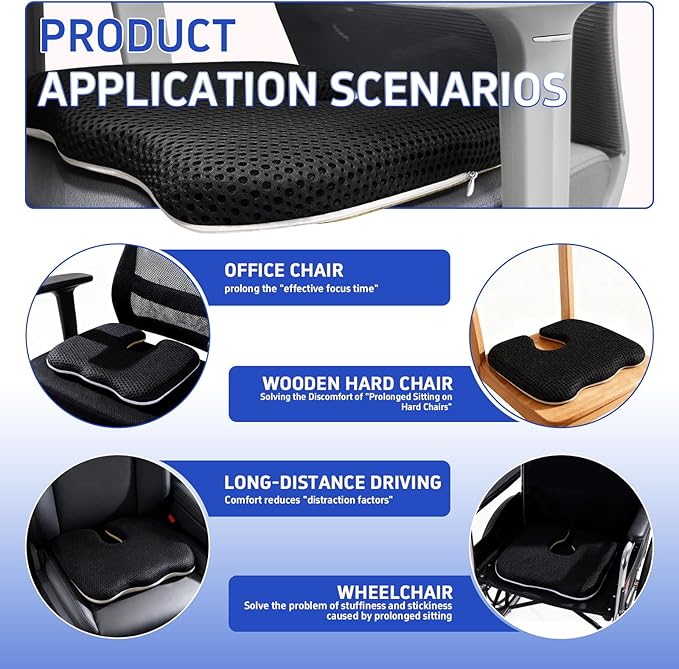 Air Fiber Seat Cushion for Office Chair, Breathable U-Shape Tailbone Relief Cushion for Desk Chair, Washable Ergonomic Chair Pad for Driving & Gaming, Cooling Mesh Back Support(Black, 15.7″*19.7″)
