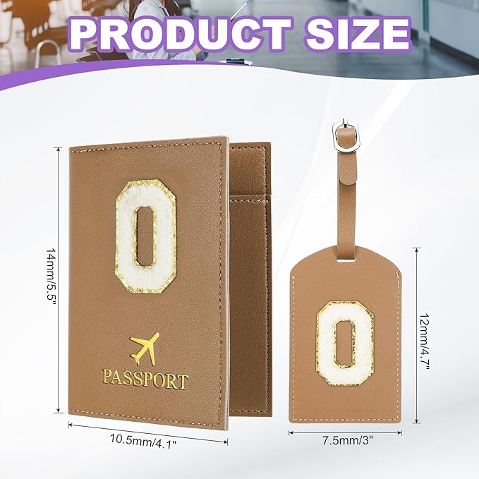 PATIKIL Passport Holder for Travel, Initial Passport Cover and Luggage Tag Set with Alphabet Chenille Letter Patch Travel Wallet Bag Suitcase Identifier for Women Family Travel Brown O