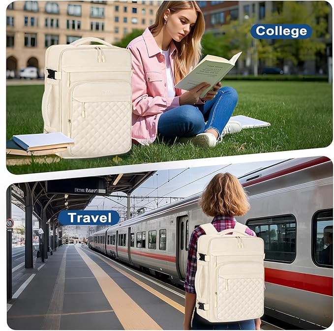 MOSISO Travel Backpack for Women Men, 15-15.6 inch Rhombus Quilted Laptop Backpack Flight Approved with Packing Cubes, 16 inch Carry on Daypack with USB Port for College Work Business, Beige
