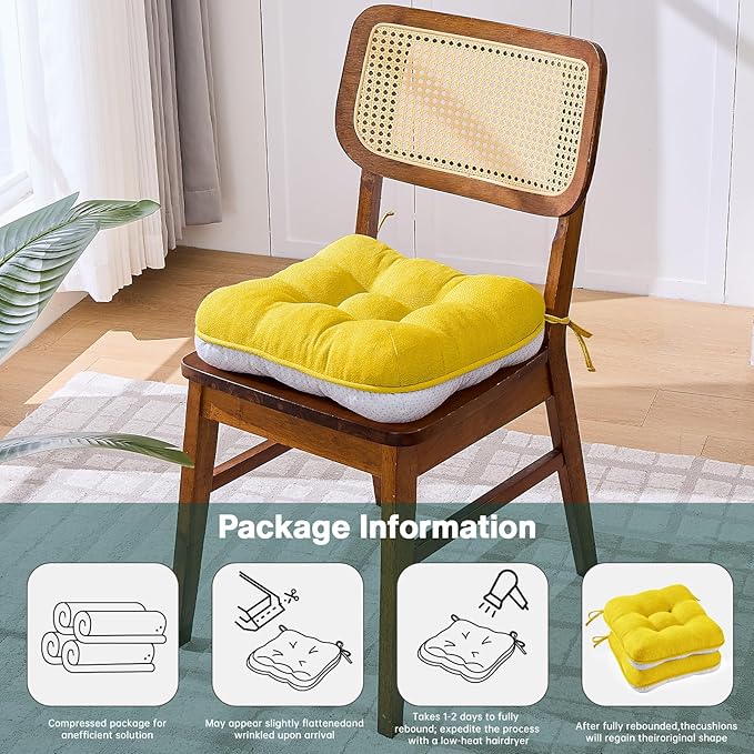 BETU Chair Cushions for Dining Chairs Set of 6,3.5" Thick Kitchen Table Chair Pads with Ties,Non Slip Backing and Covers, Seat Cushion for Dining Room,Bar,Patio Chairs,16"X16"X3.5",Gold