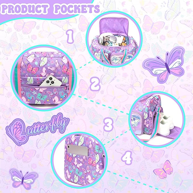 Butterfly Kids Duffle Bag Girls Travel Bag Overnight Dance Sleepover Bags for Girls Gymnastics Sports Bags for Kids with Shoe Compartment