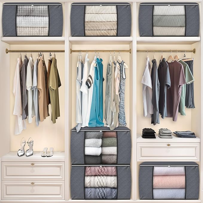 Fab totes 24 Gallons Clothes Storage, Foldable Thick Fabric Blanket Storage Bags, Containers for Organizing Bedroom, Closet, Clothing, Comforter, Organization with Handle (3 Pack,Grey)