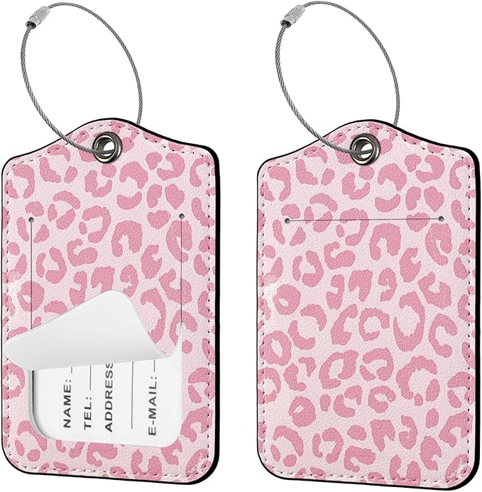 Seorsok 2 PCS Luggage Travel Tags for Suitcases,Cute Pink Leopard PU Leather Name Tag with Privacy Cover&ID Label Address Card and Durable Metal Ring Suitable for Men Women Handbags Backpack,Pink