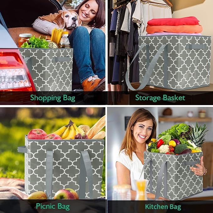 WISELIFE Reusable Grocery Bags 2-Pack Foldable Washable Storage Bins Basket Water Resistant Shopping Utility Tote Bag Grey
