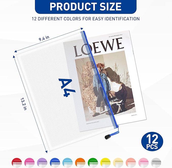12pcs Zipper Pouch, A4 Storage Bags, 12 Colors Organization Pouches, File Bags, Clear Pouch, Plastic Bags, Reusable Zipper Pouches for Toys, Paper, School Office Supplies
