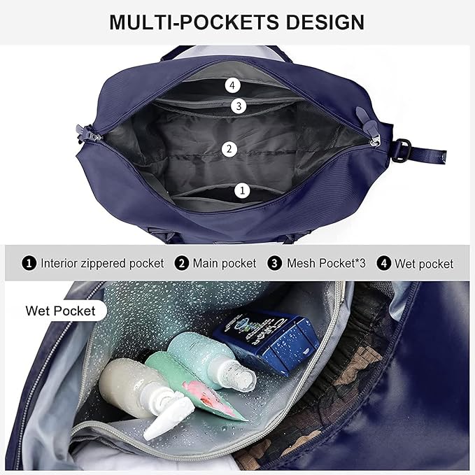 Dark Blue Sport Travel Duffle Bag Large Gym Tote Bags for Women, Weekender Carry on Bags for Airplane, Ladies Beach Overnight Waterproof Luggage Bags with Wet Pocket