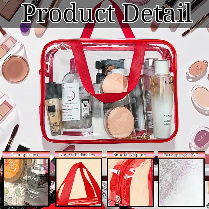 4 Packs Large Clear Makeup Bag, Waterproof Clear Comestic Toiletry Organizer Bags with Handle, Reusable PVC Storage Bags with Zipper for Travel