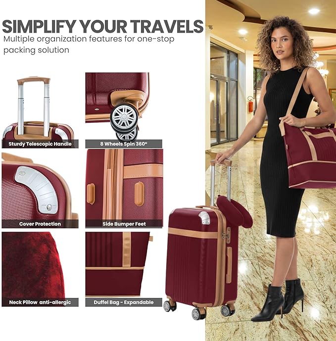 Santino Luggage Sets 3 Piece Carry On Luggage Set 20 Inch Hardshell & Lightweight PP Luggage Suitcase with Detachable Spinner Wheels & TSA Lock 20" Suitcase with Duffel & U-shaped pillow
