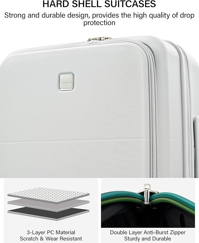 Hanke 28 Inch Expandable Checked Luggage with Cup Holder and Charger Port, Top Opening Hard Shell Large Suitcases with Wheel, Big Travel Rolling Suitcase Trunk Luggage with Lock,Smoke White