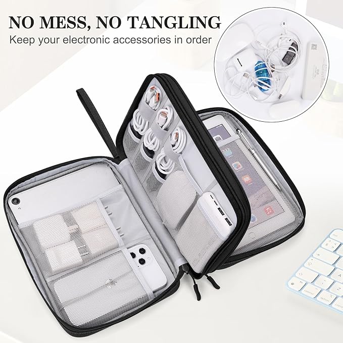 FYY Electronic Organizer, Extra Large Travel Cable Organizer Bag Pouch Portable Waterproof Double Layers All-in-One Storage Bag for iPad, Cable, Power Bank, Laptop Charger for Office/Home, Black