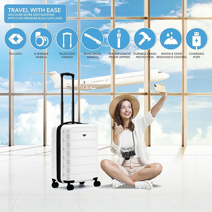 Flight Knight 24x16x10 Expandable Carry On Suitcase Hardside TSA Lock USB C Lightweight Luggage Silent Double Spinner Wheels Maximum Overhead Carry-On Bag For Virgin South West Approved White
