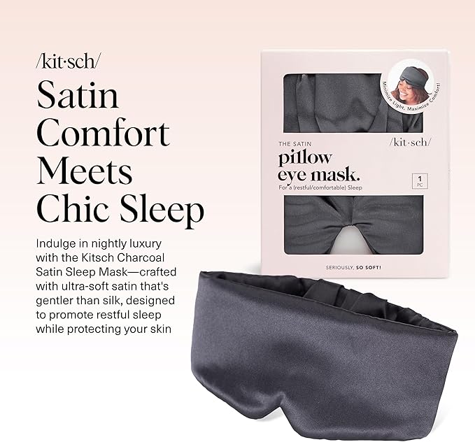 Kitsch Satin Sleep Mask - Eye Masks for Sleep, Softer Than Silk Satin Sleeping Mask Blindfold and Sleep Masks for Women and Men, Eye Care Travel Essentials - Charcoal Black