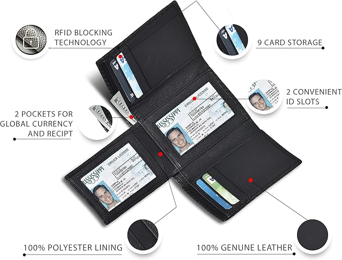 Real Leather Mens Trifold Wallet RFID Blocking Slim Minimalist Front Pocket - Thin & Stylish with ID Window in Gift Box