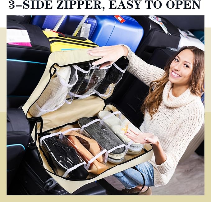 2 Pcs Travel Shoe Bag with Handle Organizer - Portable Luggage Storage Bag for Multiple Shoes (Light Gray, Beige)