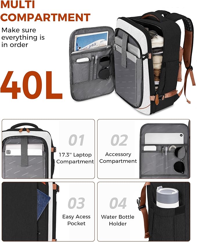 Vancropak 40L Carry On Travel Backpack for Men & Women, Expandable Flight Approved Weekender Backpack with 3 Packing Cubes, Water-Resistant Anti-Theft Laptop Backpack, Lightweight Business Travel Bag