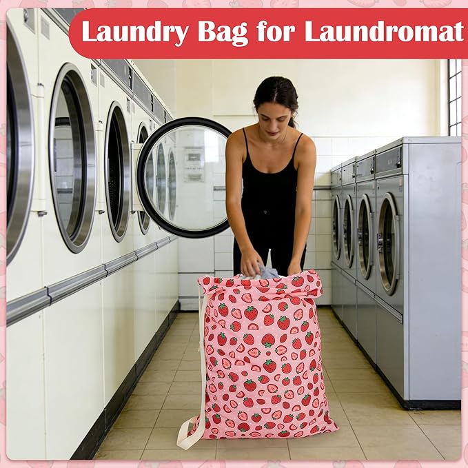 Canvas Laundry Bag with shoulder Strap 24"W x 29"H, Large Drawstring Dirty Clothes Bag Washable Laundry Sack for College Dorm, Travel, Home, Camp (Strawberry)