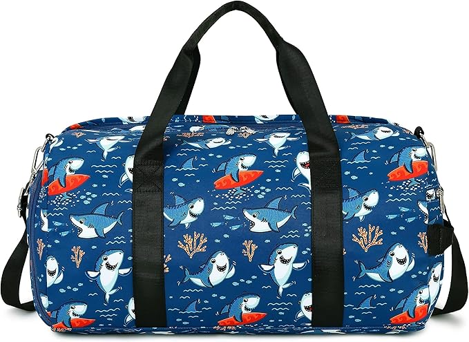 CAMTOP Kids Duffel Overnight Bag for Boys and Girls Toddler Carry-On Size Tote for Travel Duffle Gym Sport (Shark-Dark Blue)