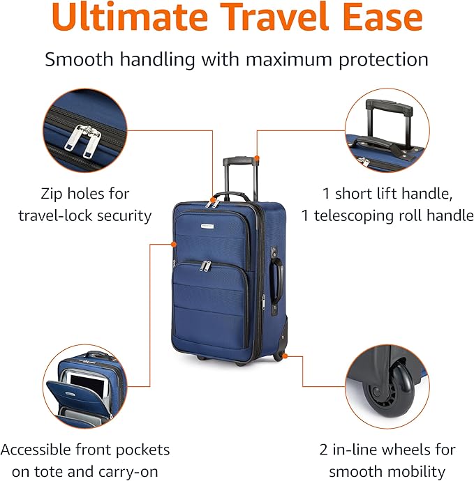 Amazon Basics Softside Luggage Set, 23-Inch Expandable Suitcase with Wheels and 15-Inch Tote, Extra Space (+15%), Front Pockets, Telescopic Handle, Navy Blue