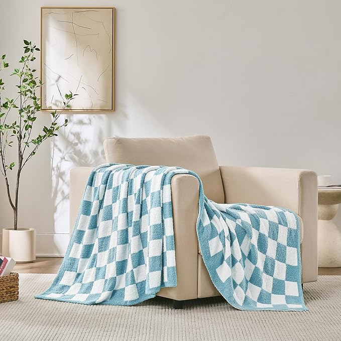 Checkered Throw Blanket, Light Blue Soft Cozy Fluffy Knitted Throw Blankets for Couch, Sofa, Bed, Chair, Warm Fuzzy Travel Picnic Lightweight Plaid Blanket, 50x70 inches