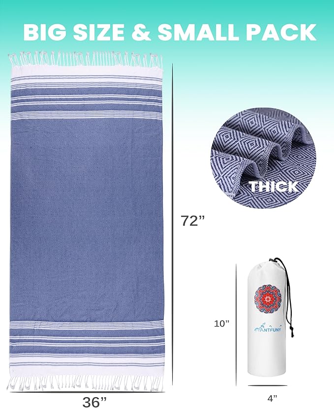 Antfuny Turkish Beach Towels Vacation Essentials Quick Dry Sand Free Soft Extra Large XL Big Blanket Adult Bath Pool Swim Towel Lightweight Thin Sandless Fast Drying No Sand Packable Foldable Blue