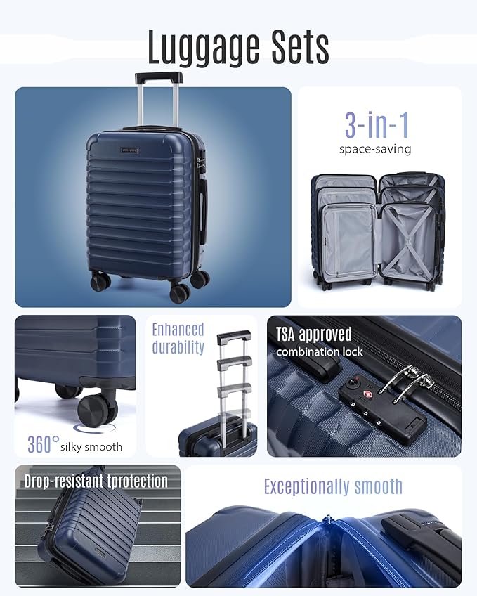 LIGHT FLIGHT Luggage Sets, 3 Piece Durable Suitcase Set with Spinner Wheels, 3 Pcs Hardside Lightweight luggage with TSA Lock, Large Checked Travel Suitcases, 20/24/28 Inch, Dark Blue