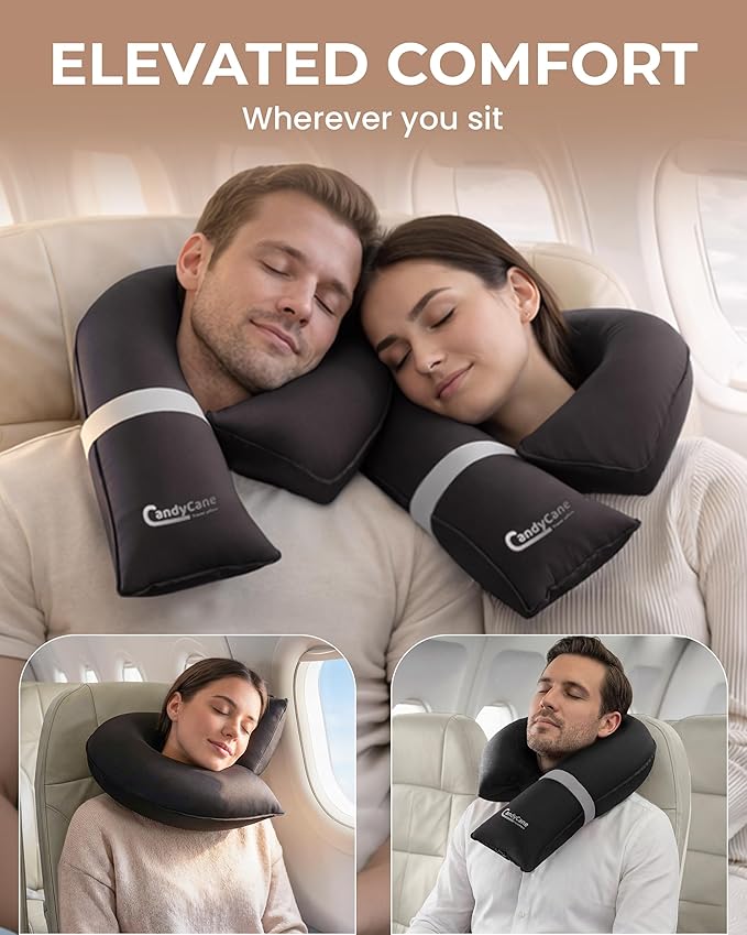 CANDY CANE Inflatable Neck Pillow for Airplane Travel with JShaped Design and 360° Support - Window Leaning Head & Chin Rest for Long Flights - Compact Blow Up for Air Travel