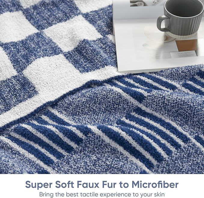 Snuggle Sac Navy Checkered Faux Fur Throw Blanket for Couch, Knitted with Microfiber Fancy Yarn Blanket, Reversible Soft Cozy Blankets for Sofa Bedroom,Heather Navy,50x60 inches
