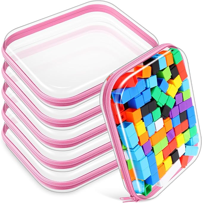 Sanwuta 6 Pcs Clear Hard Zipper Case Plastic Zipper Pouches Transparent Makeup Bag Pencil Case Pouches Toiletry Diaper Bag for Travel Toy Storage Organizer Bins(Pink,9.84 x 7.87 x 2 Inch)