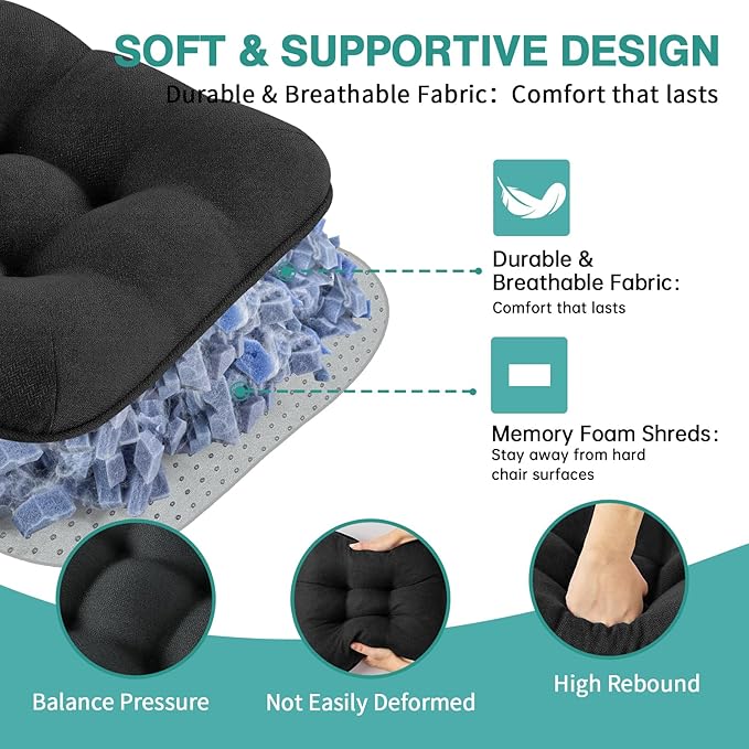 BETU Black Chair Cushions for Dining Chairs Set of 6,3.5" Thick Kitchen Table Chair Pads with Ties,Non Slip Backing and Covers,Seat Cushion for Dining Room,Bar,Patio Chairs,16"X16"X3.5",Black