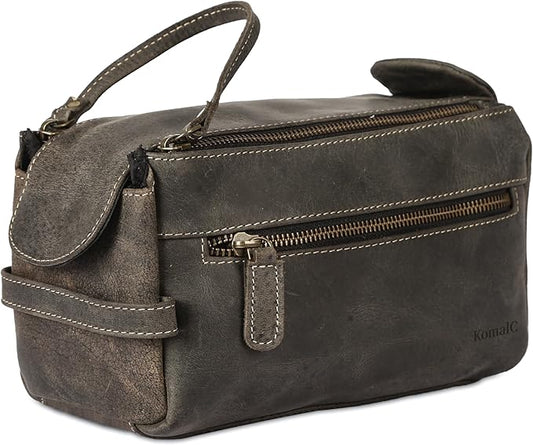 KomalC Premium Buffalo Leather Toiletry Bag for Men & Women With Water resistant Lining, Grooming Travel Pouch, Unisex Wash Bag for Toiletries, Gifts for Men and Women