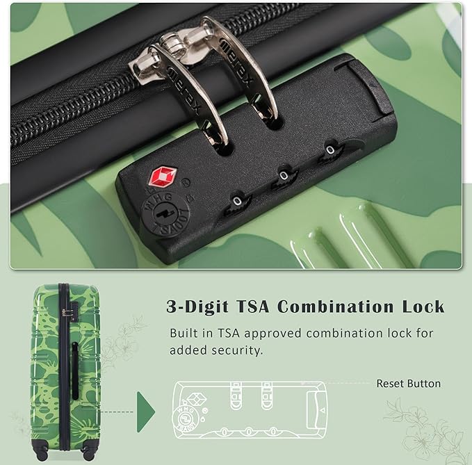 Merax Suitcase Set, Hardshell Luggage Sets 3 Piece with Spinner Wheels, Durable Printing Suitcase with TSA Lock Lightweight 20" 24" 28",Green