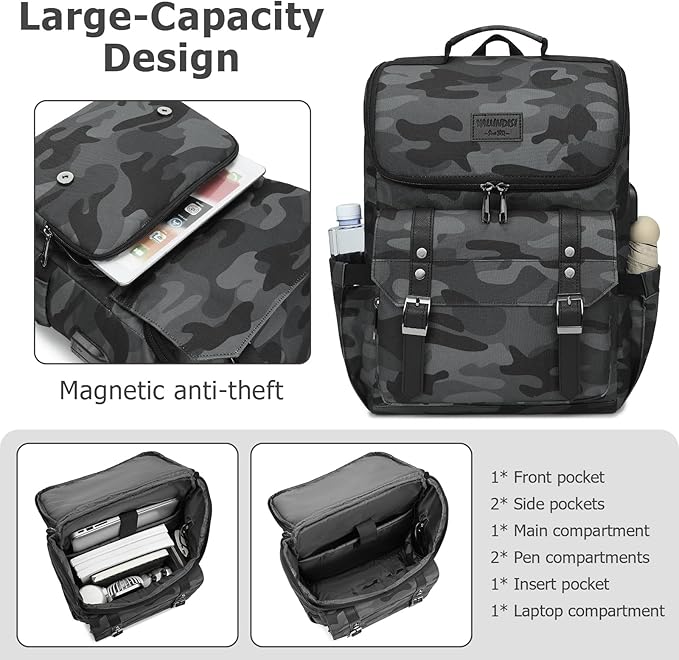 YALUNDISI Vintage Backpack Travel Laptop Backpack with usb Charging Port for Women & Men College Backpack Fits 15.6 Inch Laptop Camouflage Gray