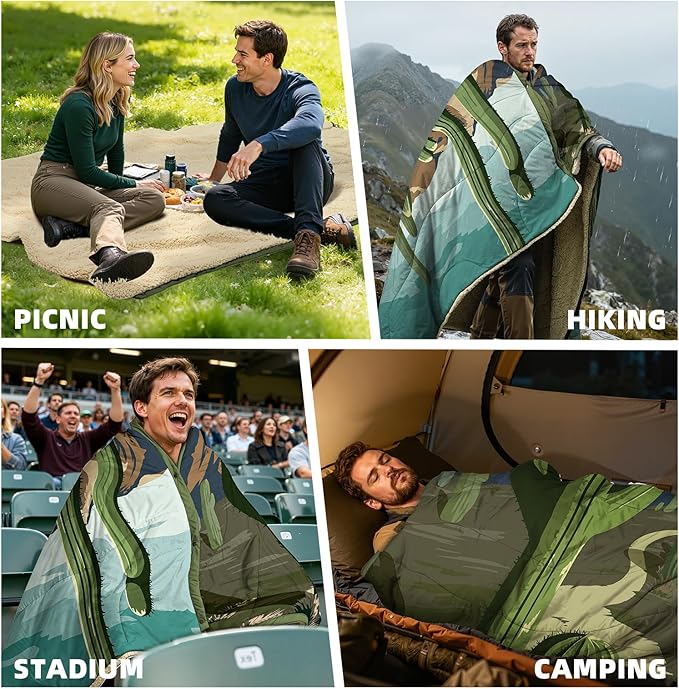 Outdoor Camping Blanket with Sherpa Lining, Extra Warm Thick Camp Blankets and Puffy Ultralight Soft Poncho DWR Camping Quilt for Cold Weather, Adventure, Sleeping, Backpacking 78"x 56"