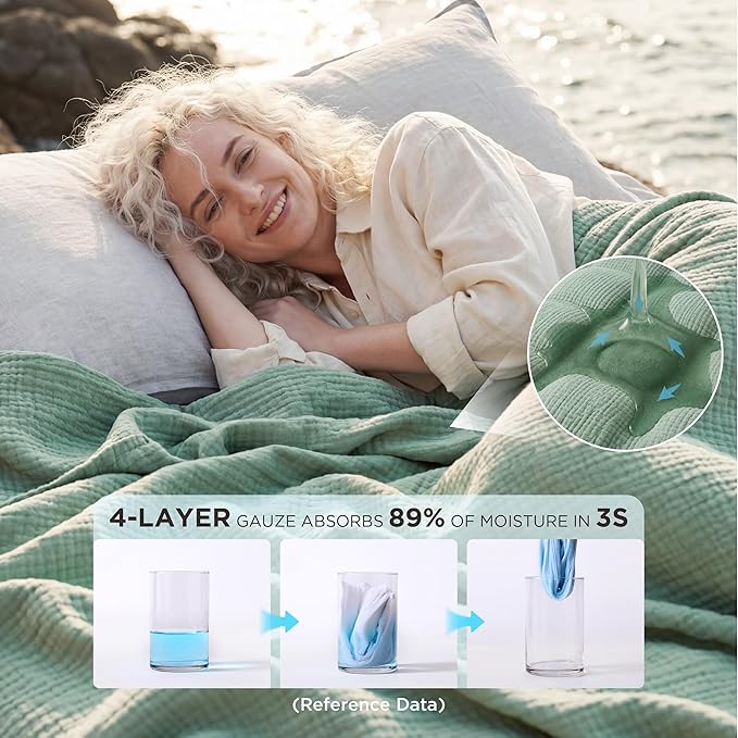 Bedsure 100% Cotton Muslin Blanket King Size for Bed - 4-Layer Breathable and Lightweight Thin Soft Summer Gauze Muslin Blanket for Adults, Sage Green, 108x90 Inches